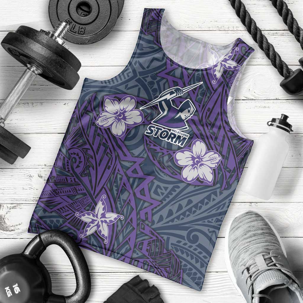 Personalised Melbourne Storm Men Tank Top Polynesian Tribal Pattern With Rugby Storm Man Mascot Art