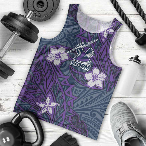 Personalised Melbourne Storm Men Tank Top Polynesian Tribal Pattern With Rugby Storm Man Mascot Art