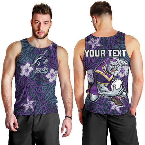 Personalised Melbourne Storm Men Tank Top Polynesian Tribal Pattern With Rugby Storm Man Mascot Art