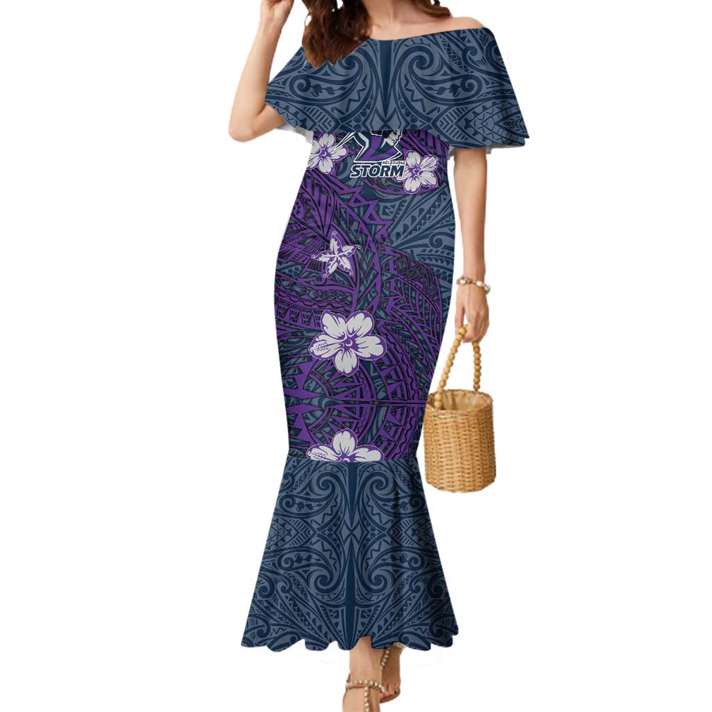 Personalised Melbourne Storm Mermaid Dress Polynesian Tribal Pattern With Rugby Storm Man Mascot Art