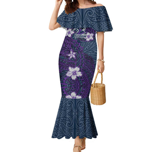 Personalised Melbourne Storm Mermaid Dress Polynesian Tribal Pattern With Rugby Storm Man Mascot Art