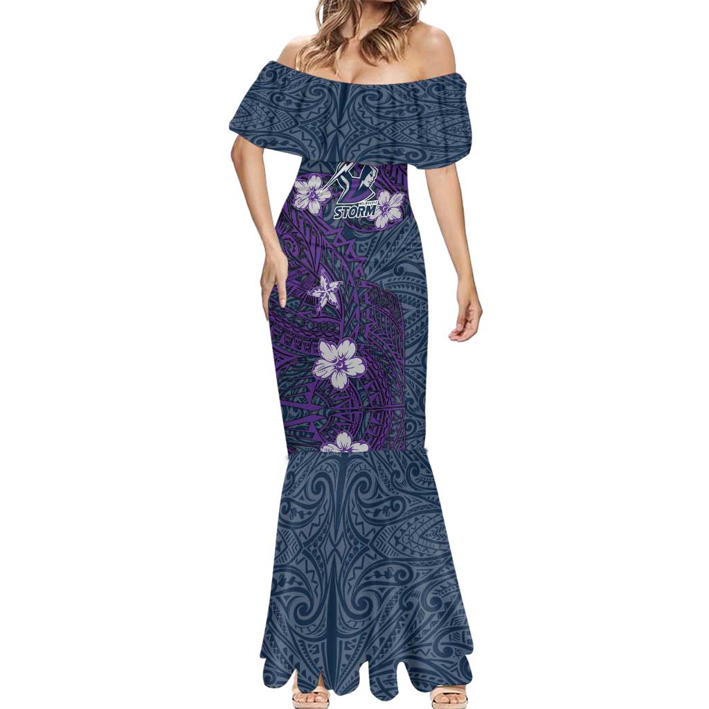 Personalised Melbourne Storm Mermaid Dress Polynesian Tribal Pattern With Rugby Storm Man Mascot Art