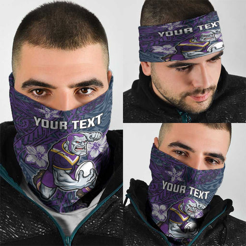 Personalised Melbourne Storm Neck Gaiter Polynesian Tribal Pattern With Rugby Storm Man Mascot Art