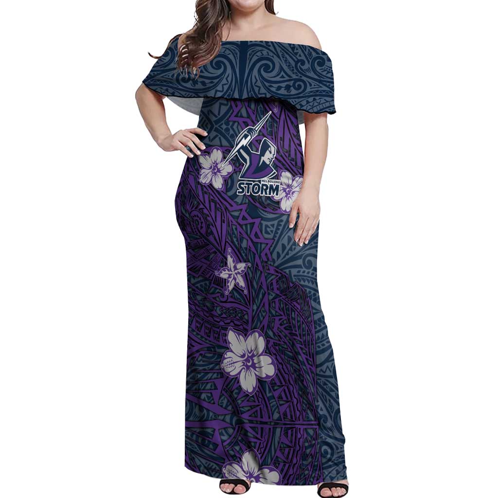 Personalised Melbourne Storm Off Shoulder Maxi Dress Polynesian Tribal Pattern With Rugby Storm Man Mascot Art