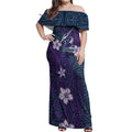 Personalised Melbourne Storm Off Shoulder Maxi Dress Polynesian Tribal Pattern With Rugby Storm Man Mascot Art
