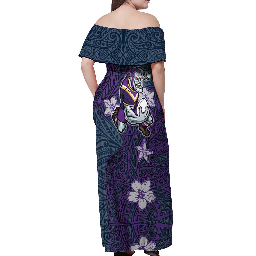 Personalised Melbourne Storm Off Shoulder Maxi Dress Polynesian Tribal Pattern With Rugby Storm Man Mascot Art