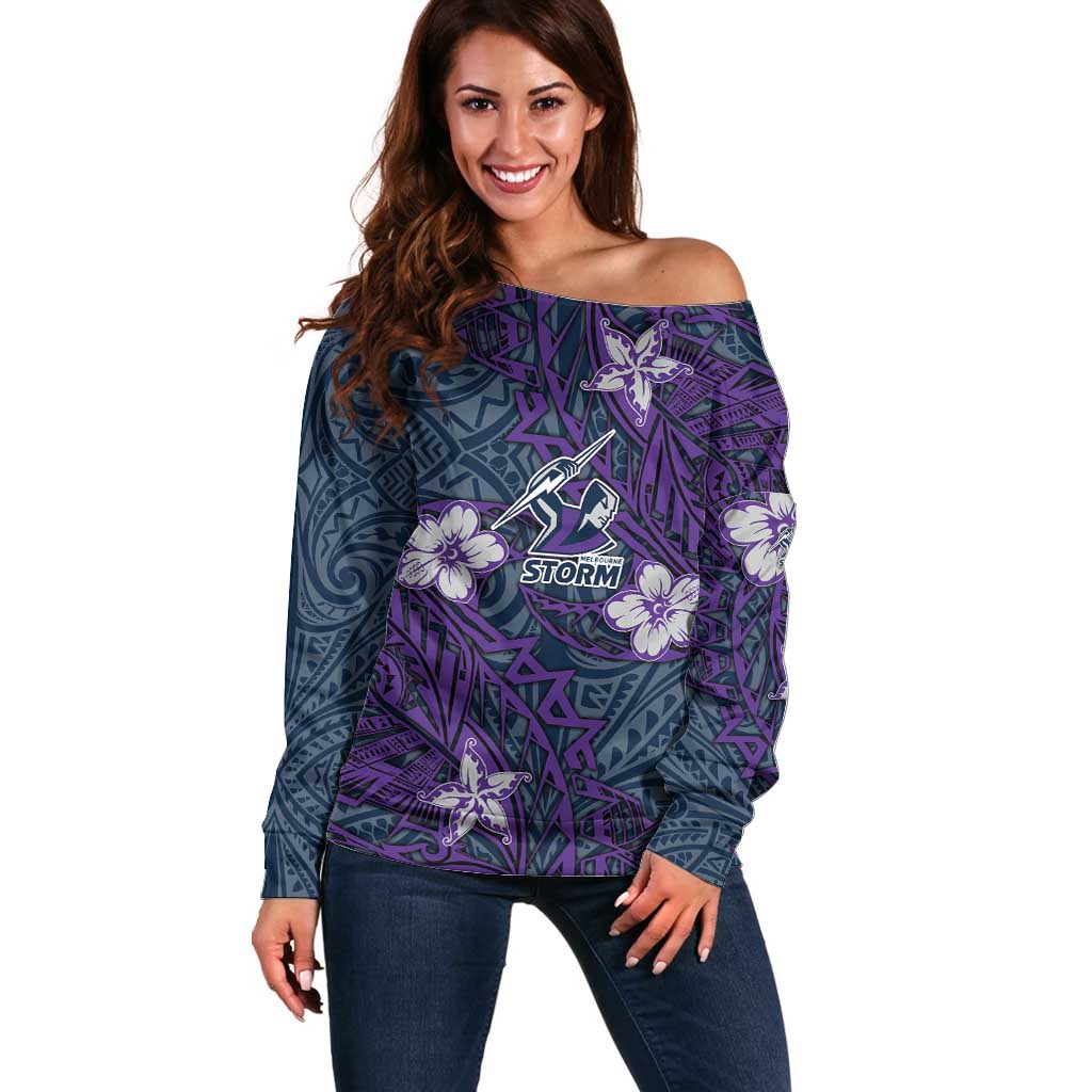 Personalised Melbourne Storm Off Shoulder Sweater Polynesian Tribal Pattern With Rugby Storm Man Mascot Art