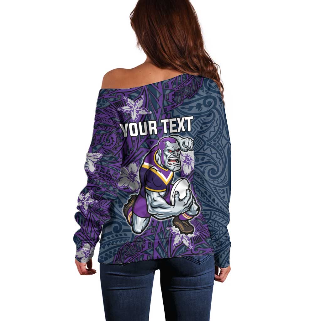 Personalised Melbourne Storm Off Shoulder Sweater Polynesian Tribal Pattern With Rugby Storm Man Mascot Art