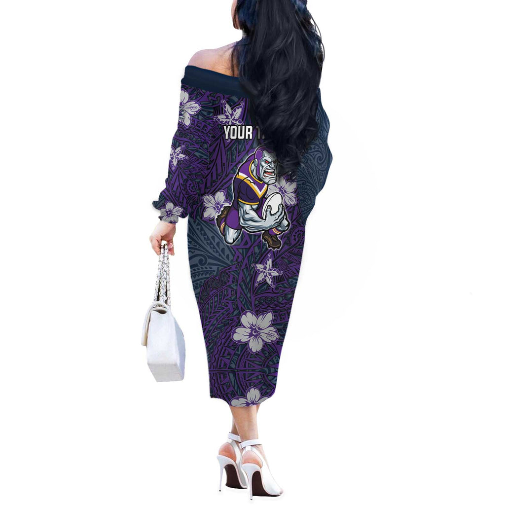 Personalised Melbourne Storm Off The Shoulder Long Sleeve Dress Polynesian Tribal Pattern With Rugby Storm Man Mascot Art