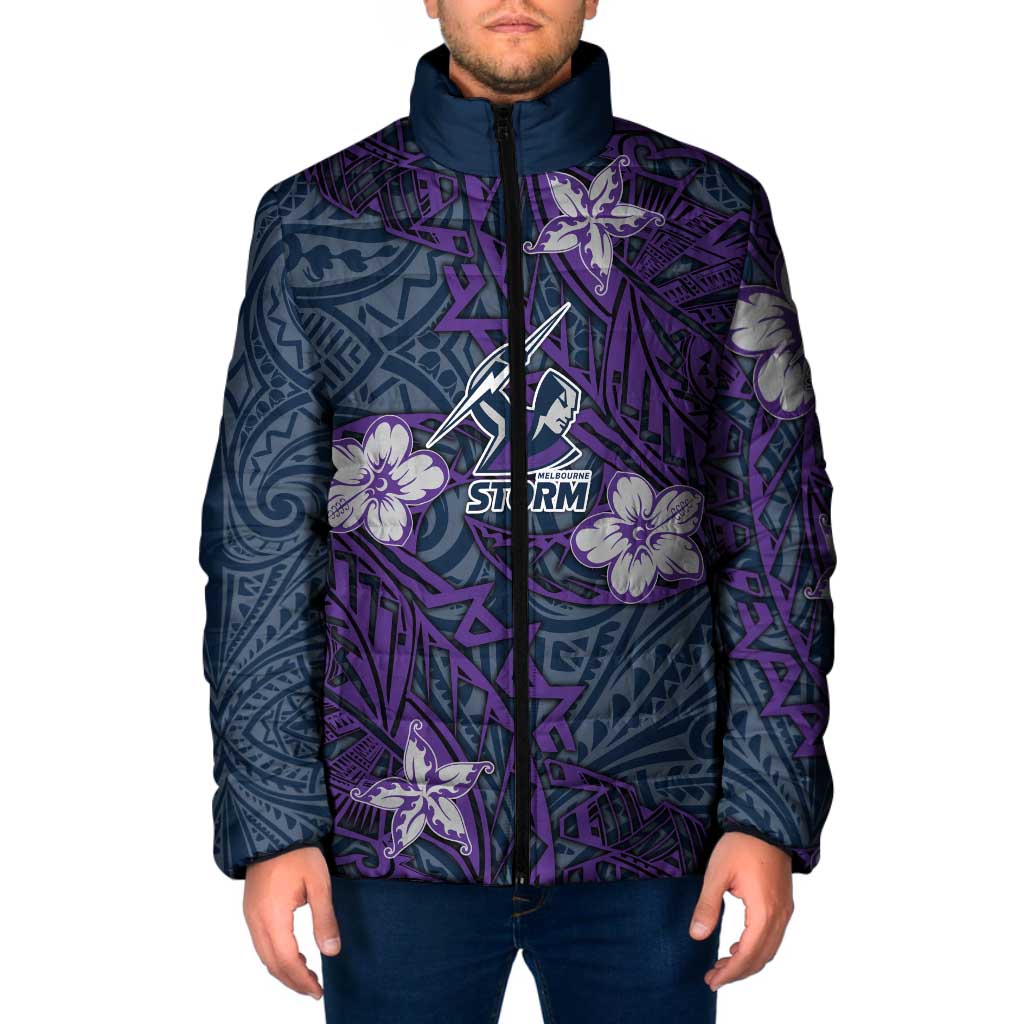 Personalised Melbourne Storm Padded Jacket Polynesian Tribal Pattern With Rugby Storm Man Mascot Art