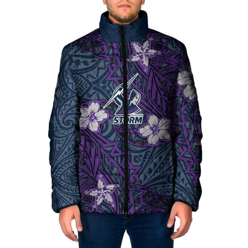 Personalised Melbourne Storm Padded Jacket Polynesian Tribal Pattern With Rugby Storm Man Mascot Art