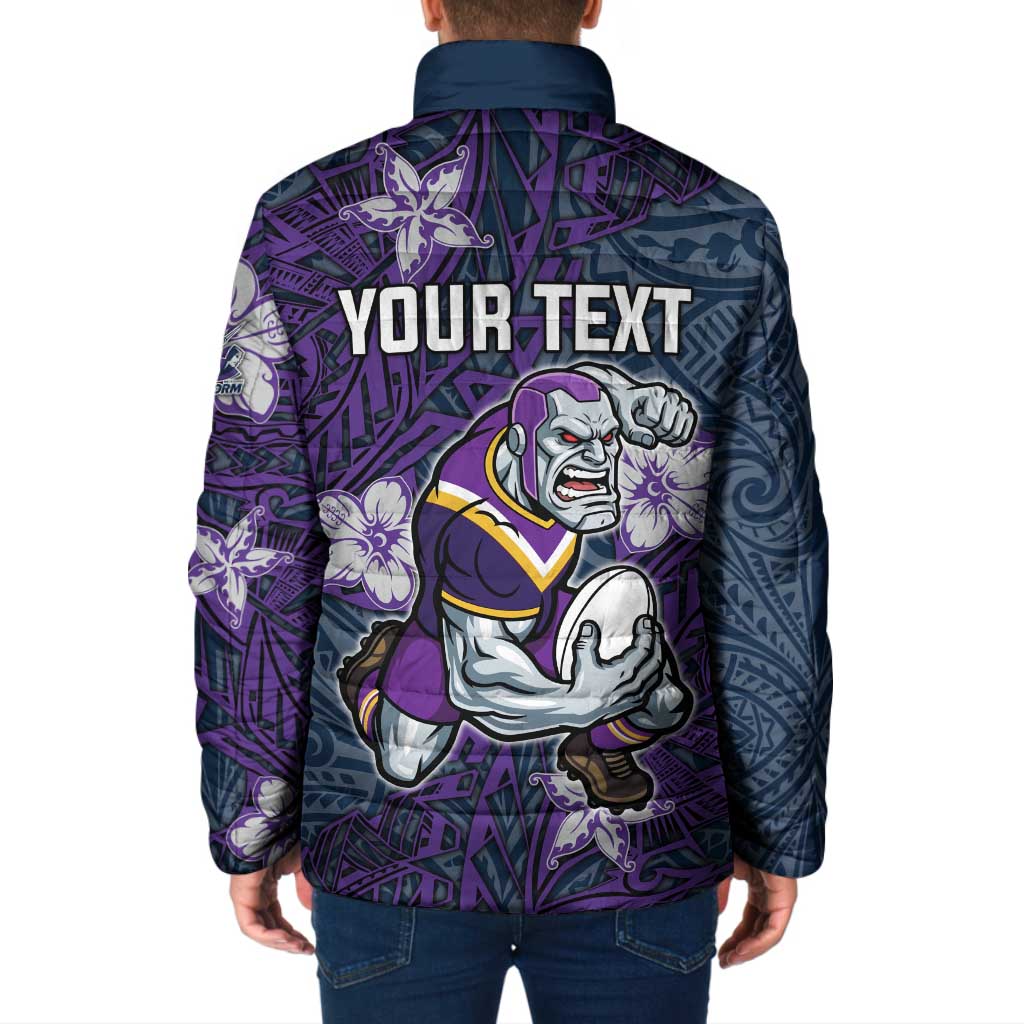 Personalised Melbourne Storm Padded Jacket Polynesian Tribal Pattern With Rugby Storm Man Mascot Art