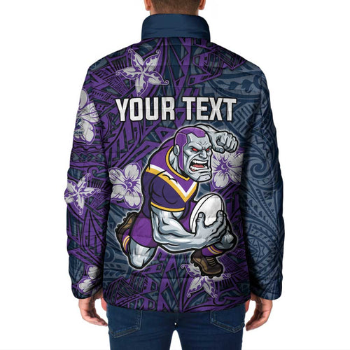 Personalised Melbourne Storm Padded Jacket Polynesian Tribal Pattern With Rugby Storm Man Mascot Art