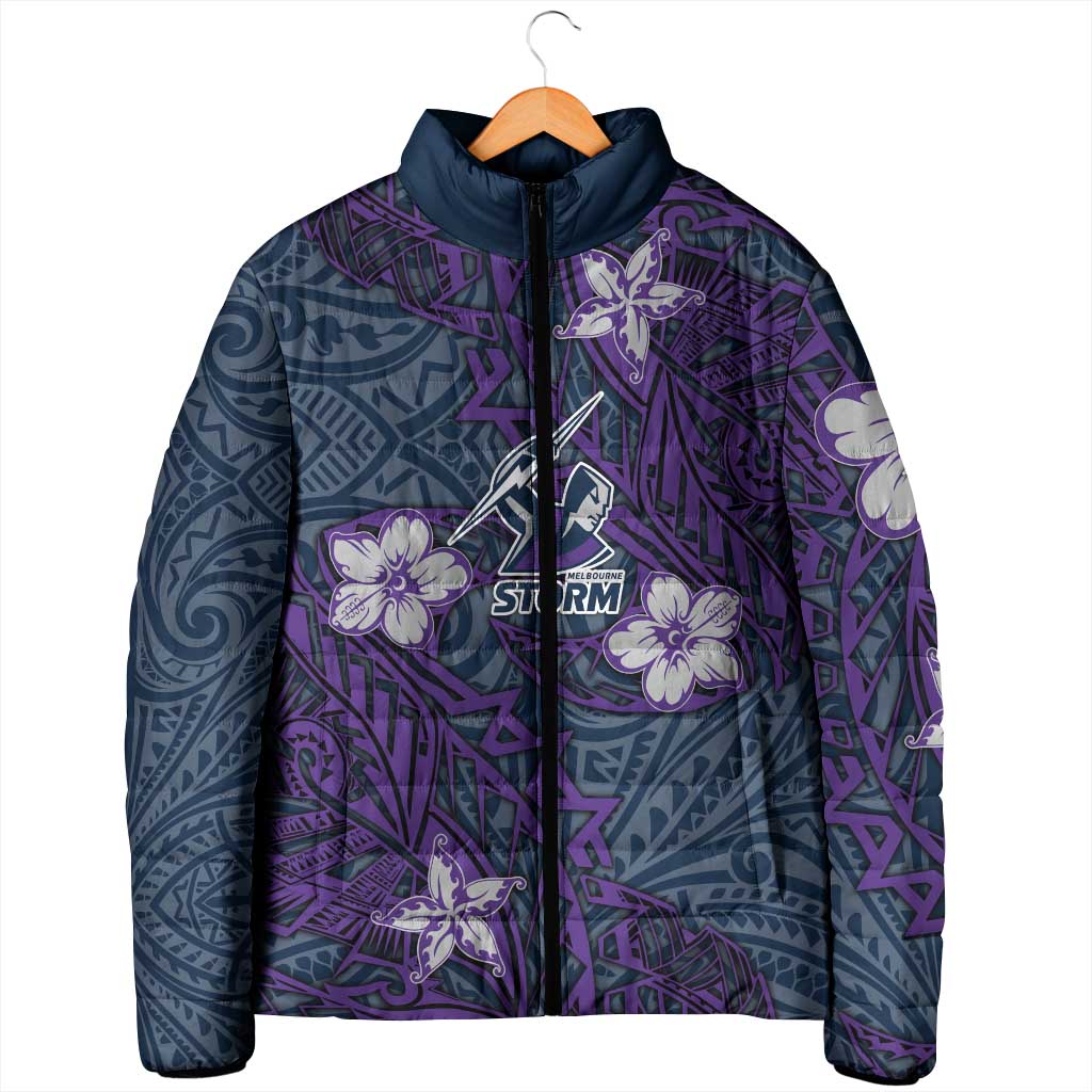 Personalised Melbourne Storm Padded Jacket Polynesian Tribal Pattern With Rugby Storm Man Mascot Art