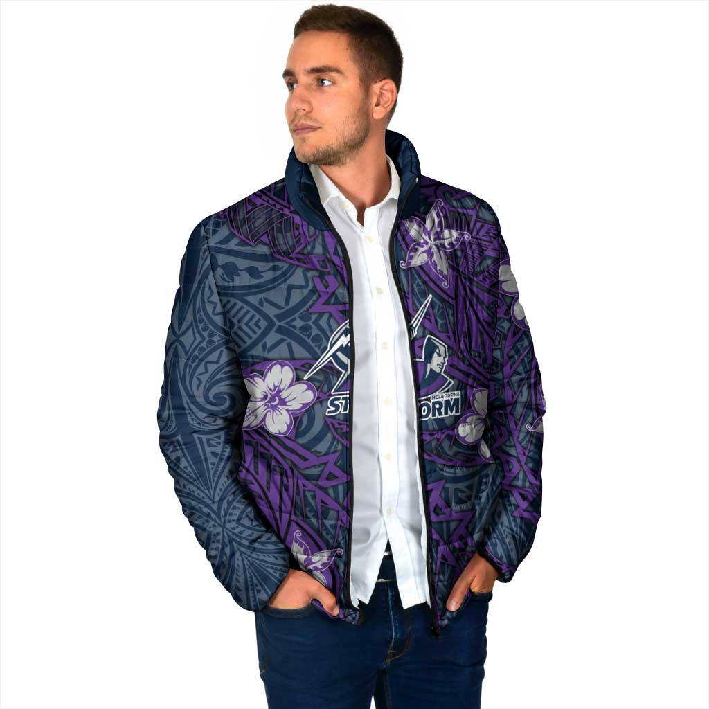 Personalised Melbourne Storm Padded Jacket Polynesian Tribal Pattern With Rugby Storm Man Mascot Art