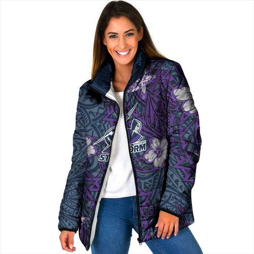 Personalised Melbourne Storm Padded Jacket Polynesian Tribal Pattern With Rugby Storm Man Mascot Art