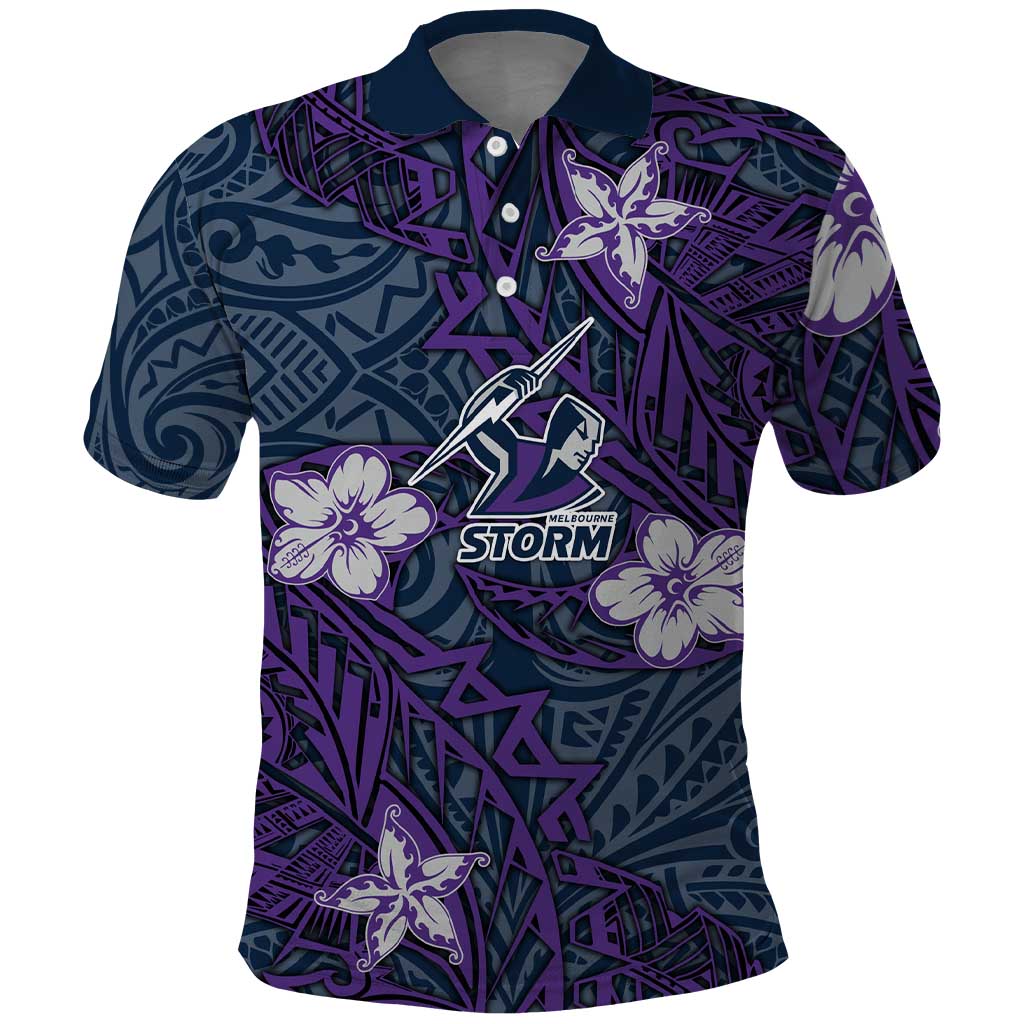 Personalised Melbourne Storm Polo Shirt Polynesian Tribal Pattern With Rugby Storm Man Mascot Art