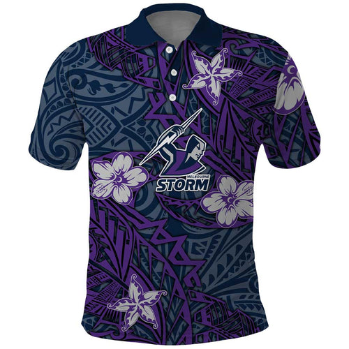 Personalised Melbourne Storm Polo Shirt Polynesian Tribal Pattern With Rugby Storm Man Mascot Art
