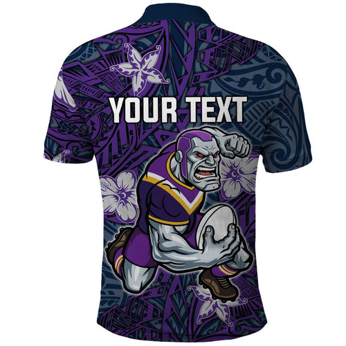 Personalised Melbourne Storm Polo Shirt Polynesian Tribal Pattern With Rugby Storm Man Mascot Art