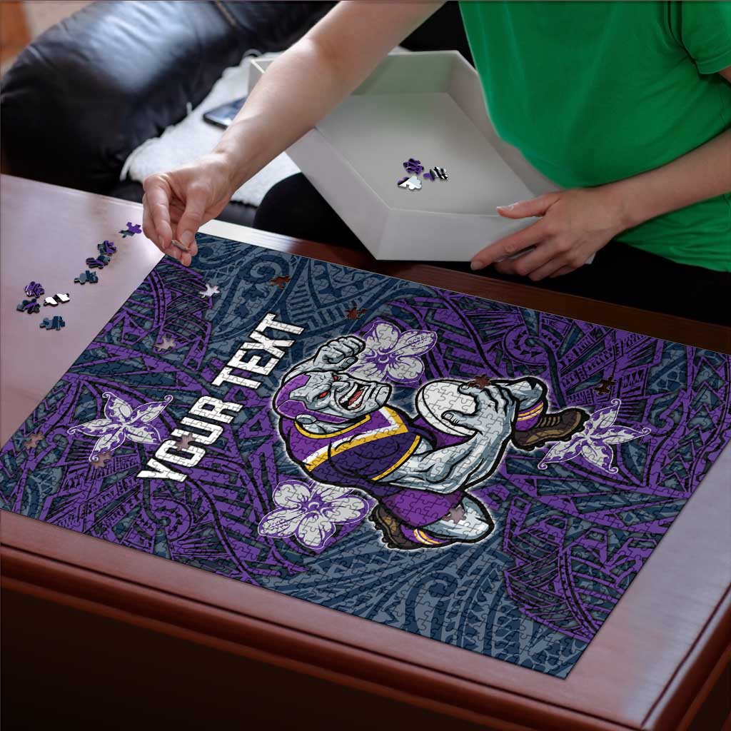 Personalised Melbourne Storm Puzzle Polynesian Tribal Pattern With Rugby Storm Man Mascot Art