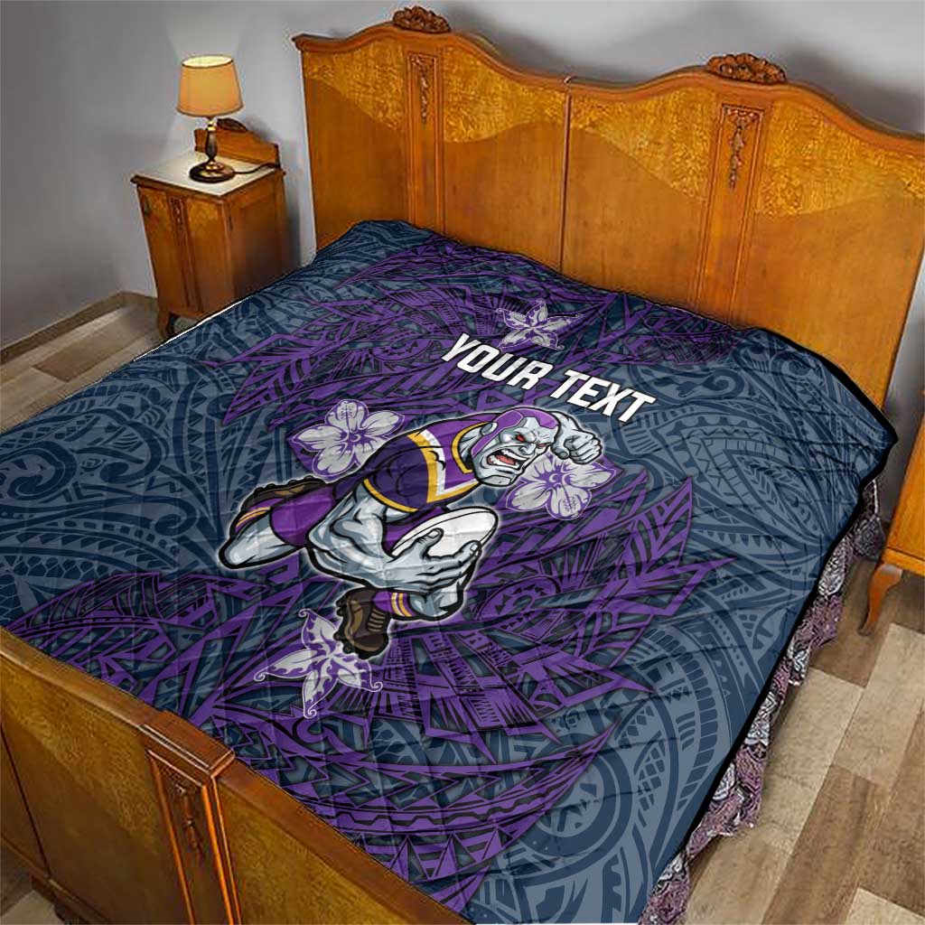 Personalised Melbourne Storm Quilt Polynesian Tribal Pattern With Rugby Storm Man Mascot Art