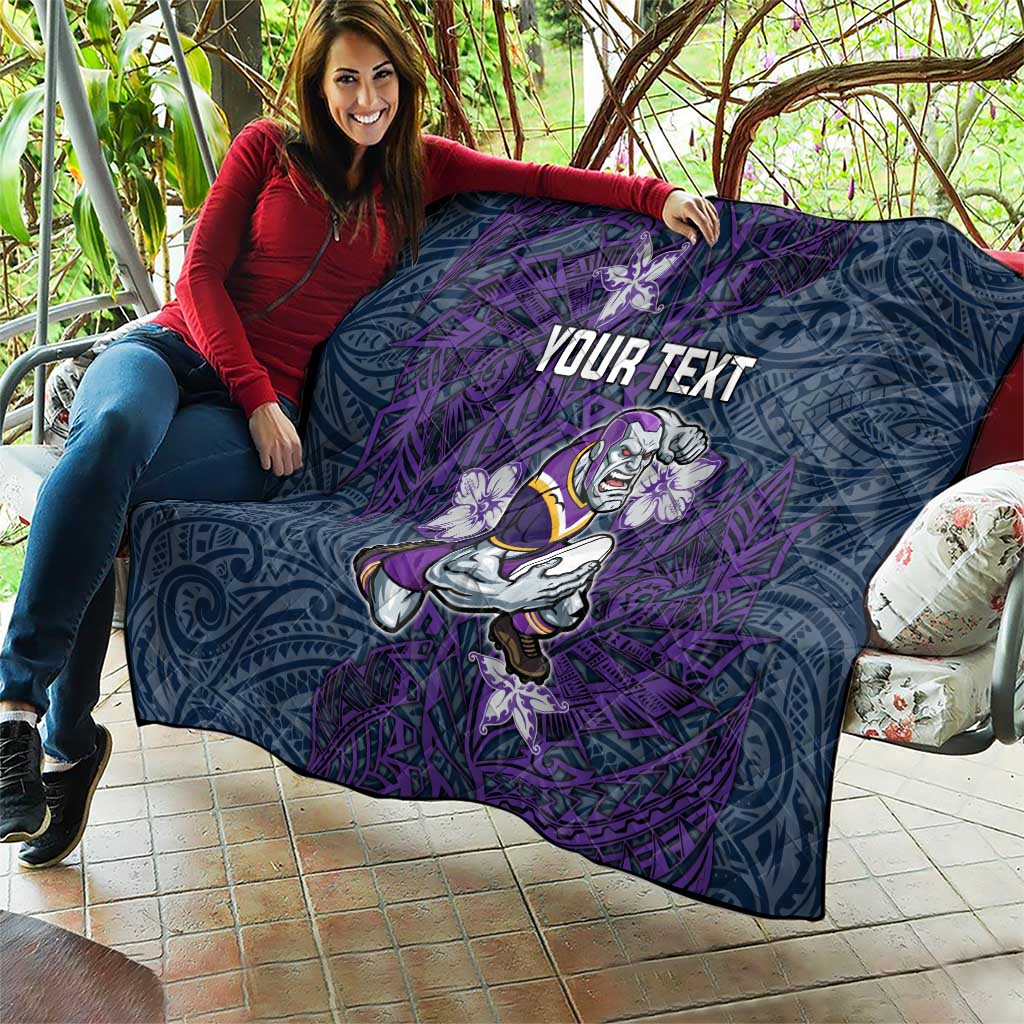 Personalised Melbourne Storm Quilt Polynesian Tribal Pattern With Rugby Storm Man Mascot Art