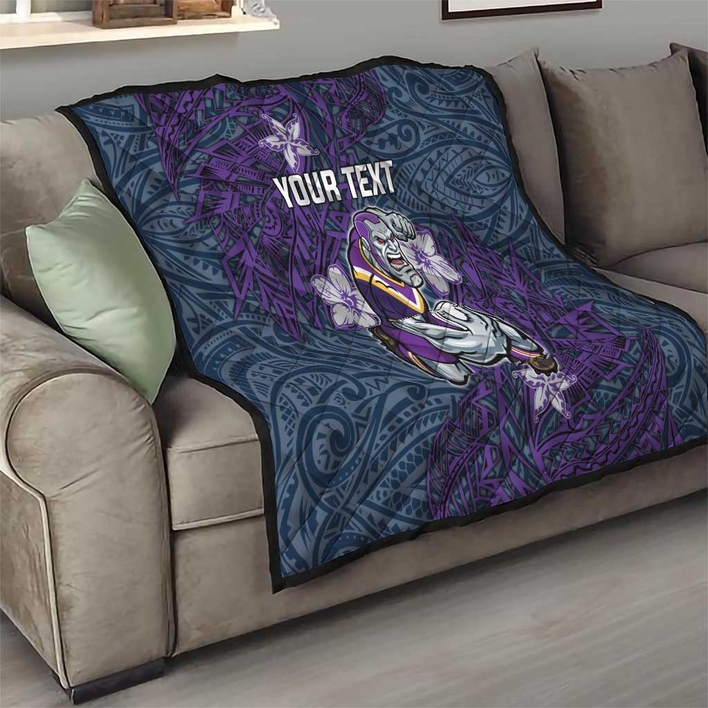 Personalised Melbourne Storm Quilt Polynesian Tribal Pattern With Rugby Storm Man Mascot Art