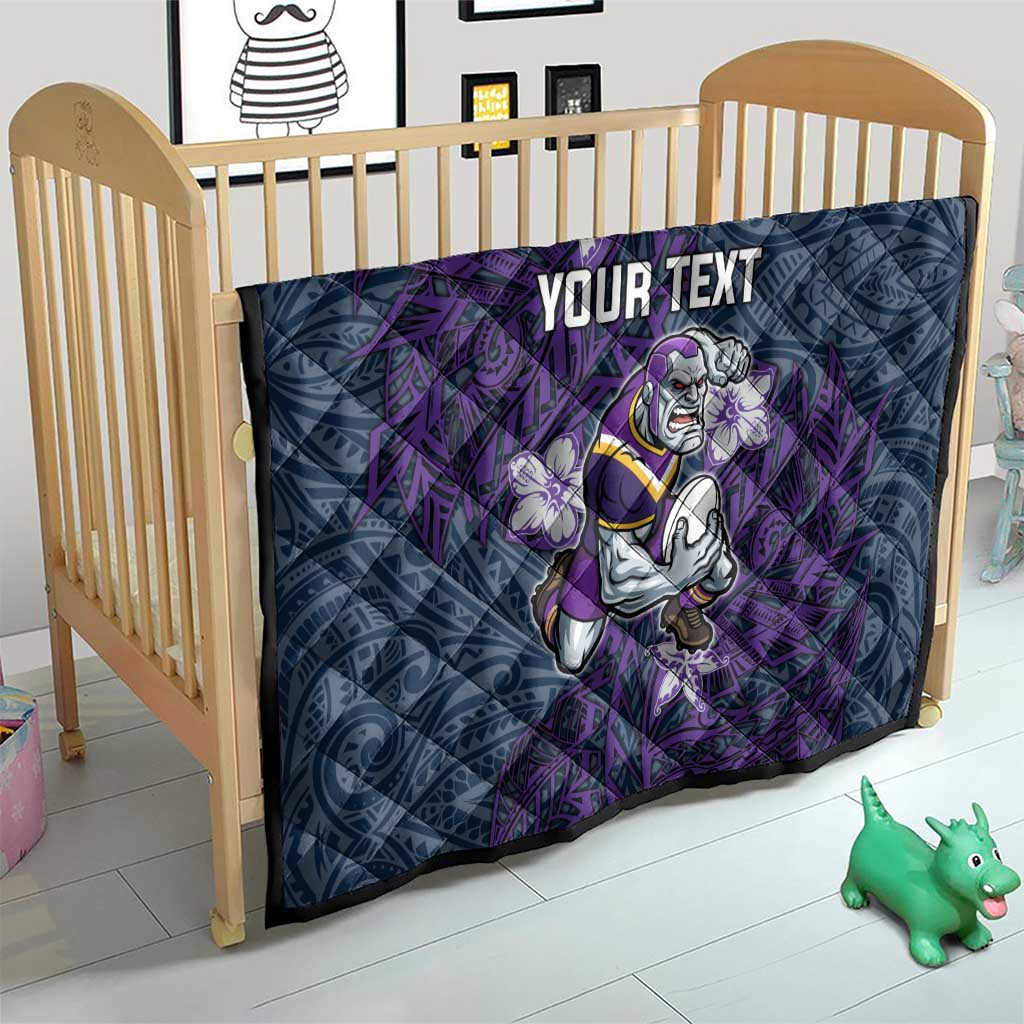 Personalised Melbourne Storm Quilt Polynesian Tribal Pattern With Rugby Storm Man Mascot Art
