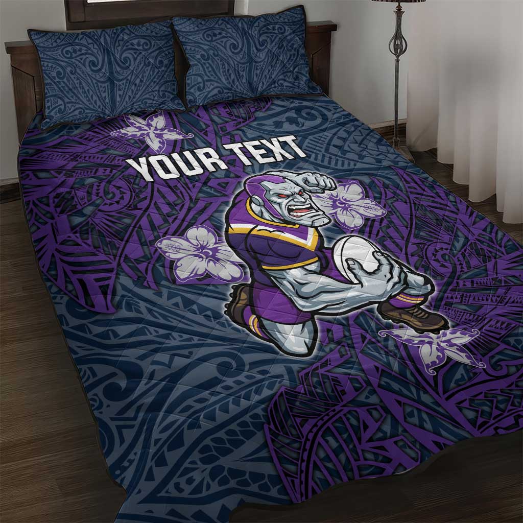 Personalised Melbourne Storm Quilt Bed Set Polynesian Tribal Pattern With Rugby Storm Man Mascot Art