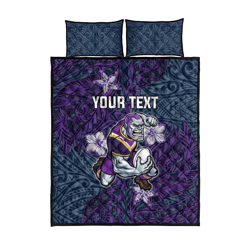 Personalised Melbourne Storm Quilt Bed Set Polynesian Tribal Pattern With Rugby Storm Man Mascot Art