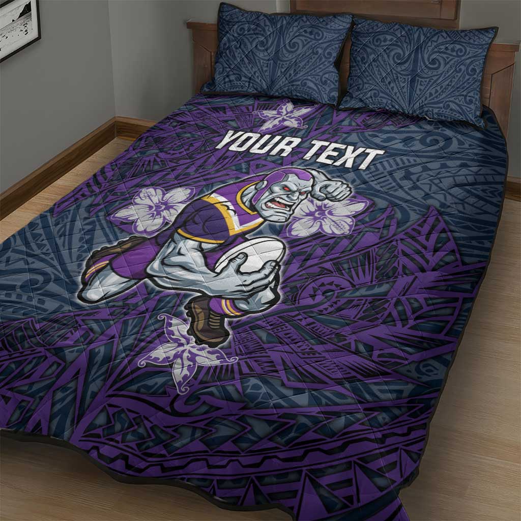 Personalised Melbourne Storm Quilt Bed Set Polynesian Tribal Pattern With Rugby Storm Man Mascot Art