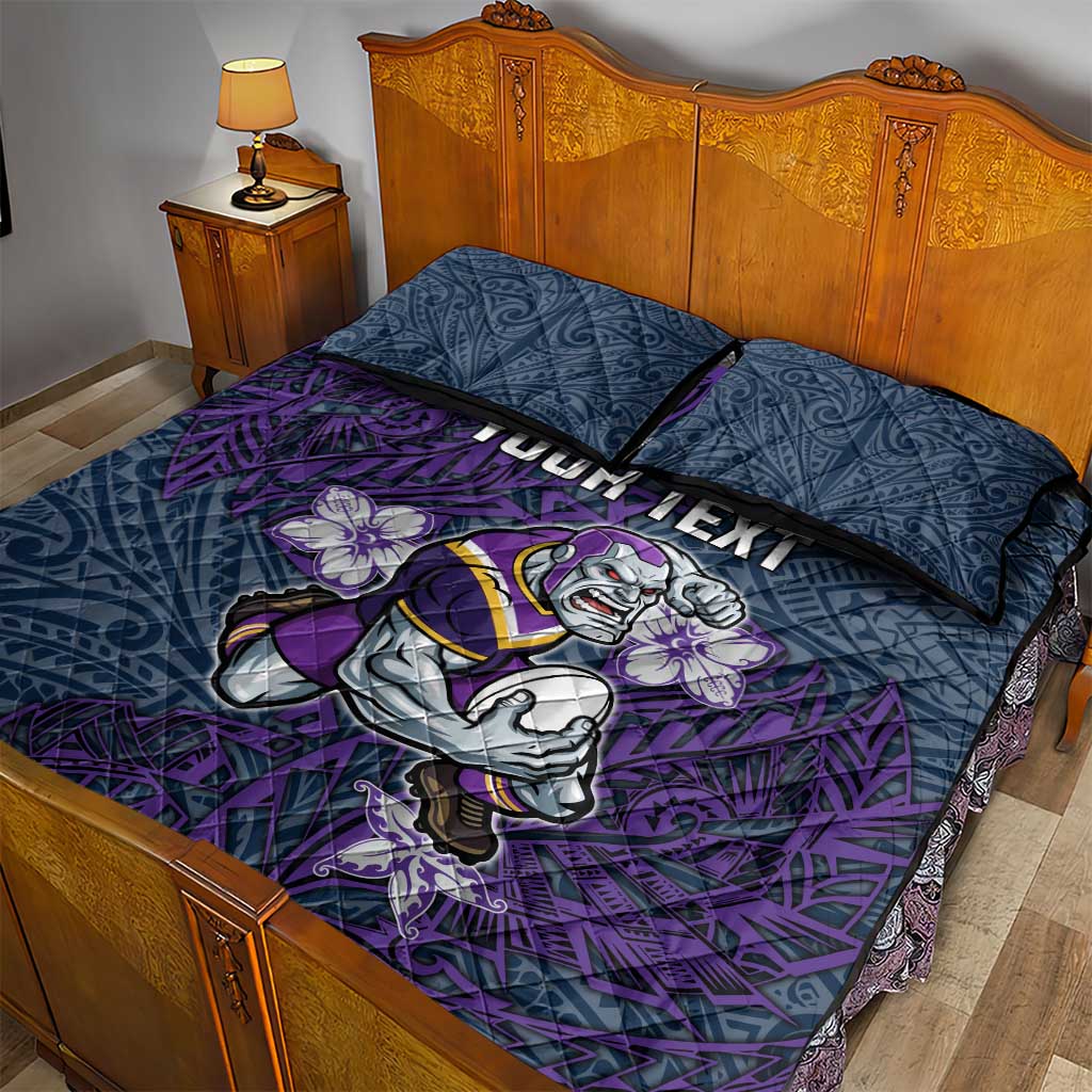 Personalised Melbourne Storm Quilt Bed Set Polynesian Tribal Pattern With Rugby Storm Man Mascot Art