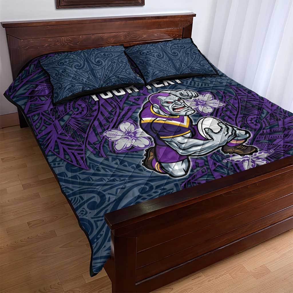 Personalised Melbourne Storm Quilt Bed Set Polynesian Tribal Pattern With Rugby Storm Man Mascot Art