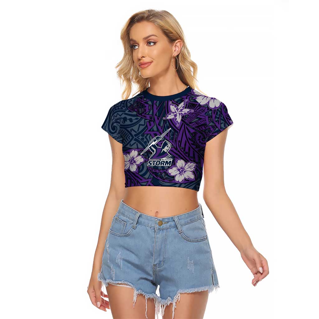 Personalised Melbourne Storm Raglan Cropped T Shirt Polynesian Tribal Pattern With Rugby Storm Man Mascot Art