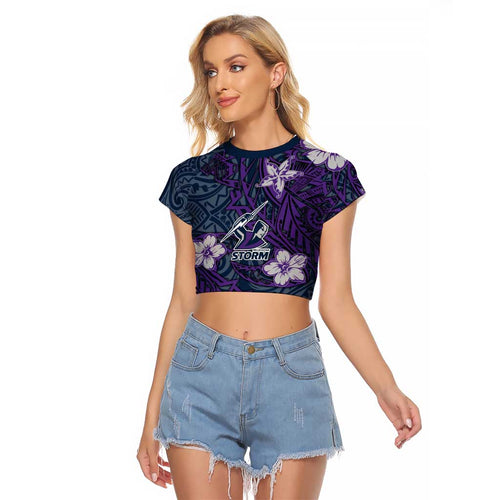 Personalised Melbourne Storm Raglan Cropped T Shirt Polynesian Tribal Pattern With Rugby Storm Man Mascot Art