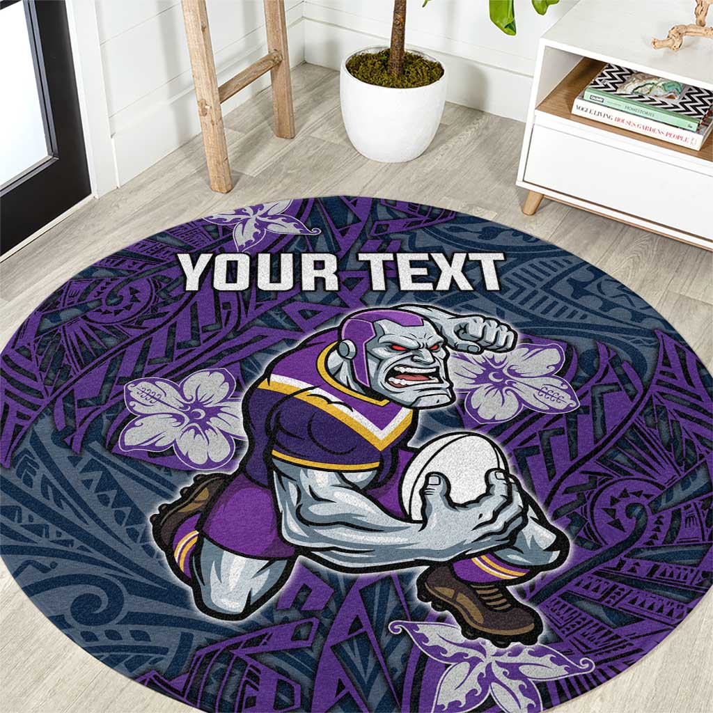 Personalised Melbourne Storm Round Carpet Polynesian Tribal Pattern With Rugby Storm Man Mascot Art
