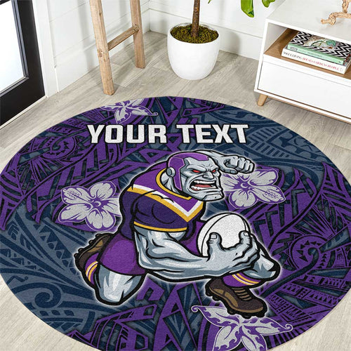 Personalised Melbourne Storm Round Carpet Polynesian Tribal Pattern With Rugby Storm Man Mascot Art