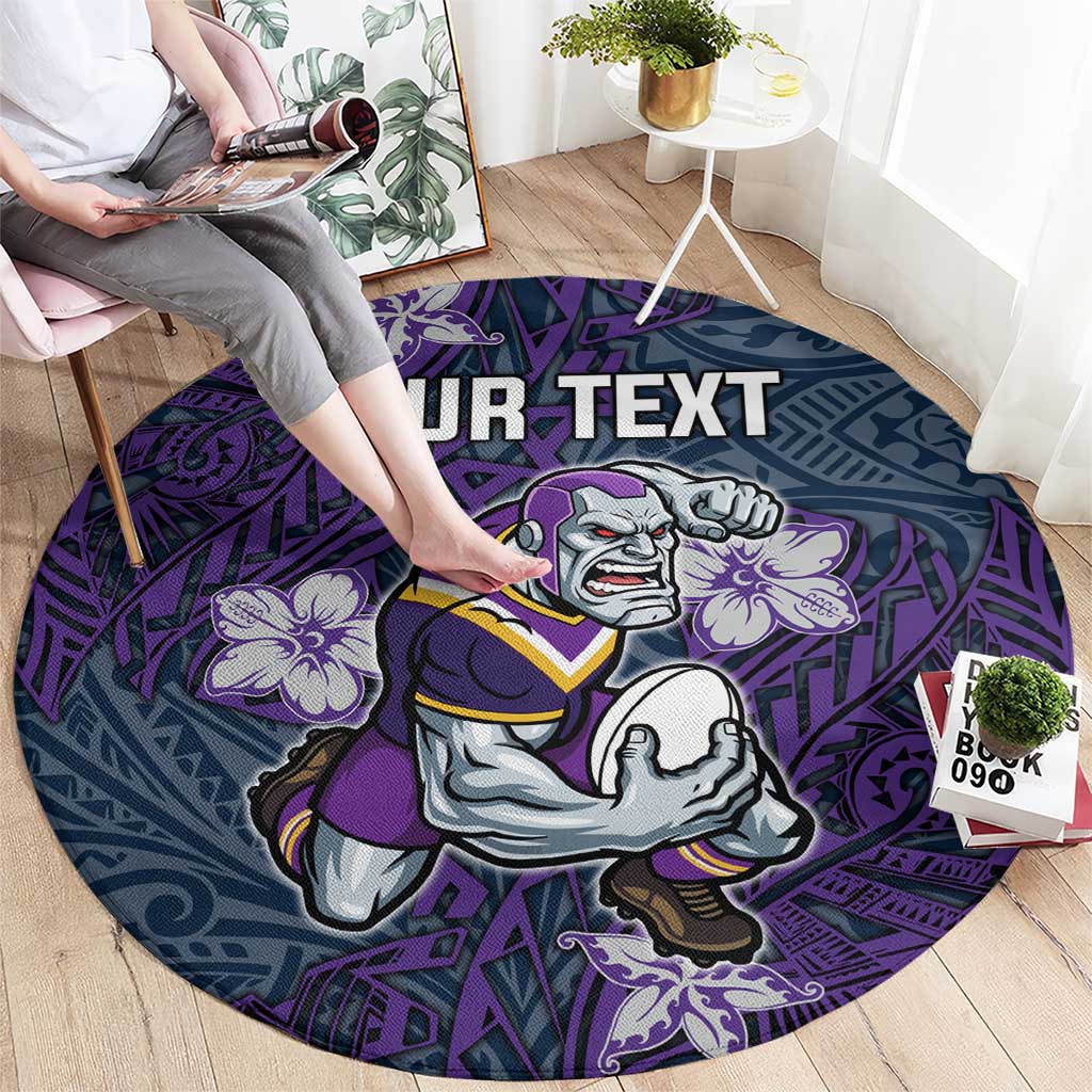 Personalised Melbourne Storm Round Carpet Polynesian Tribal Pattern With Rugby Storm Man Mascot Art