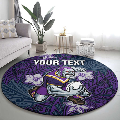 Personalised Melbourne Storm Round Carpet Polynesian Tribal Pattern With Rugby Storm Man Mascot Art