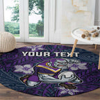 Personalised Melbourne Storm Round Carpet Polynesian Tribal Pattern With Rugby Storm Man Mascot Art