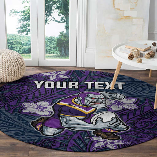 Personalised Melbourne Storm Round Carpet Polynesian Tribal Pattern With Rugby Storm Man Mascot Art