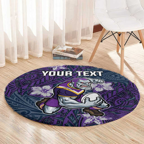 Personalised Melbourne Storm Round Carpet Polynesian Tribal Pattern With Rugby Storm Man Mascot Art