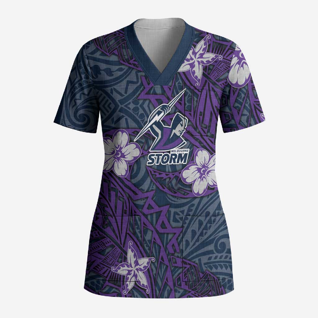 Personalised Melbourne Storm Scrub Top Polynesian Tribal Pattern With Rugby Storm Man Mascot Art