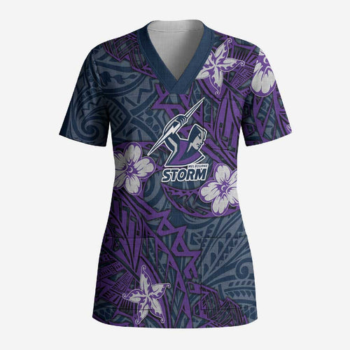 Personalised Melbourne Storm Scrub Top Polynesian Tribal Pattern With Rugby Storm Man Mascot Art