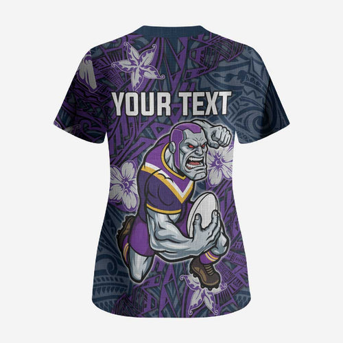 Personalised Melbourne Storm Scrub Top Polynesian Tribal Pattern With Rugby Storm Man Mascot Art