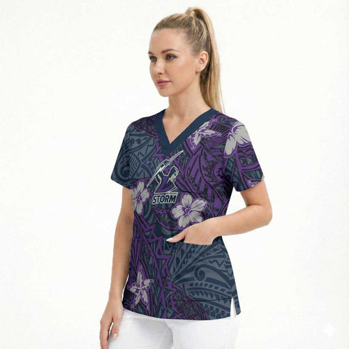 Personalised Melbourne Storm Scrub Top Polynesian Tribal Pattern With Rugby Storm Man Mascot Art