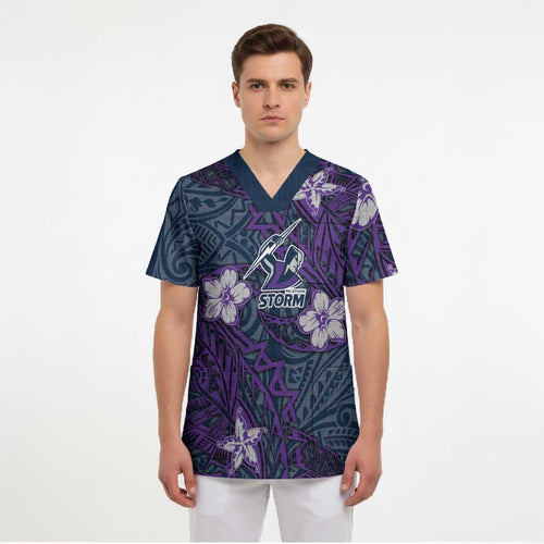 Personalised Melbourne Storm Scrub Top Polynesian Tribal Pattern With Rugby Storm Man Mascot Art