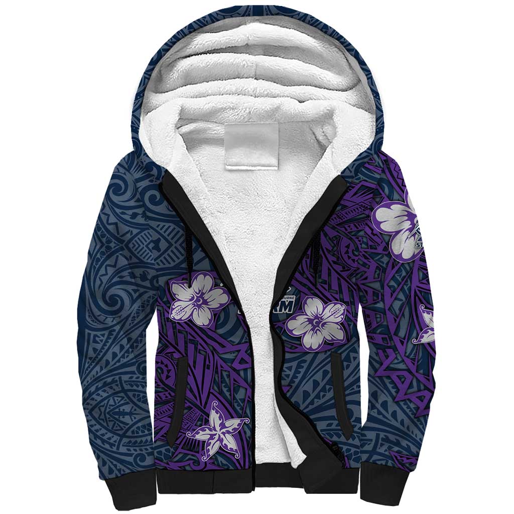 Personalised Melbourne Storm Sherpa Hoodie Polynesian Tribal Pattern With Rugby Storm Man Mascot Art