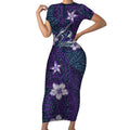Personalised Melbourne Storm Short Sleeve Bodycon Dress Polynesian Tribal Pattern With Rugby Storm Man Mascot Art
