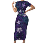 Personalised Melbourne Storm Short Sleeve Bodycon Dress Polynesian Tribal Pattern With Rugby Storm Man Mascot Art